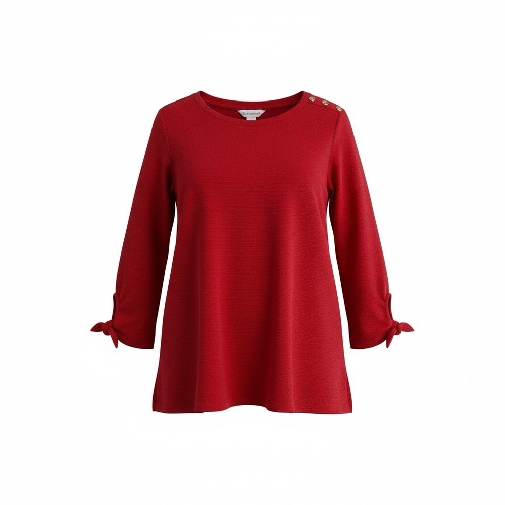 Liz Claiborne Red Blouse Womens Large Rhinestone Button Shoulder Detail Ribbed